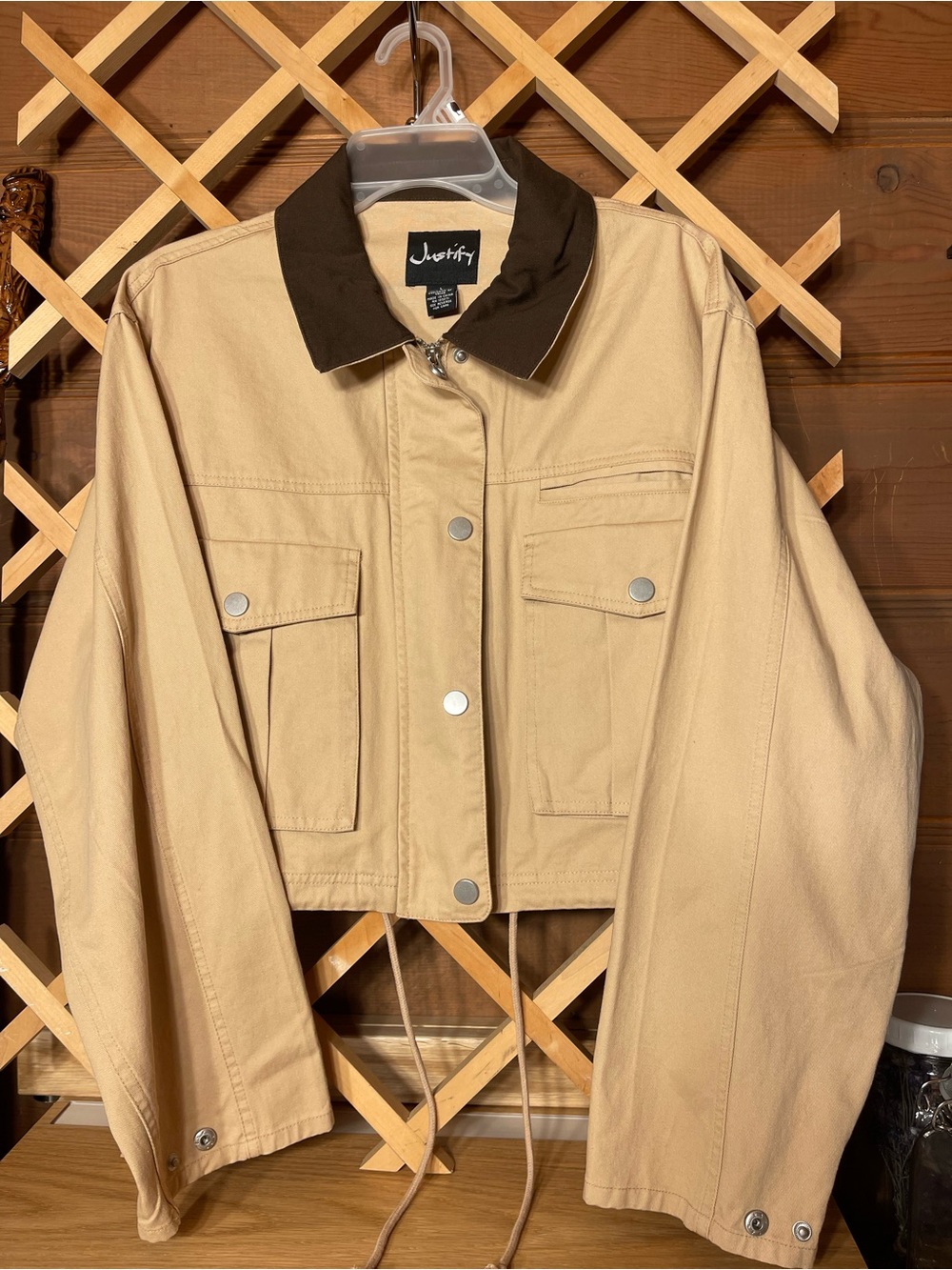 NWT Sz L Twill Barn Cropped Jacket by Justify Corduroy Trim Collar /Sand /Tan